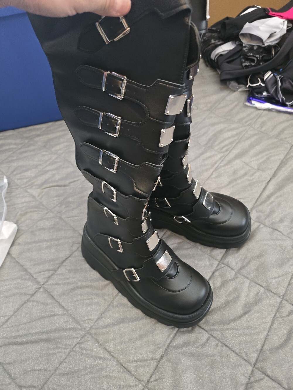 SHEIN Black Knee-High Platform Buckle Boots
